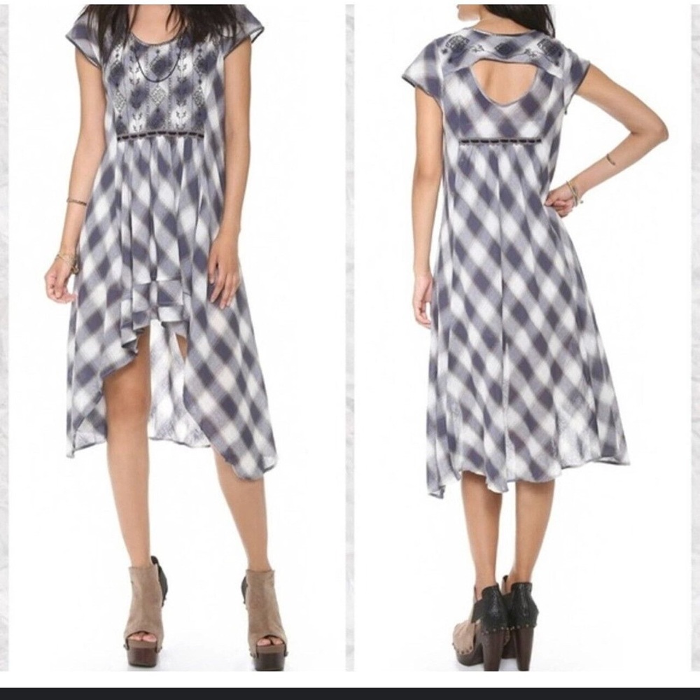 Free People India Gauze Marina Cream Blue Hi-Low Embroidered Dress Size Small